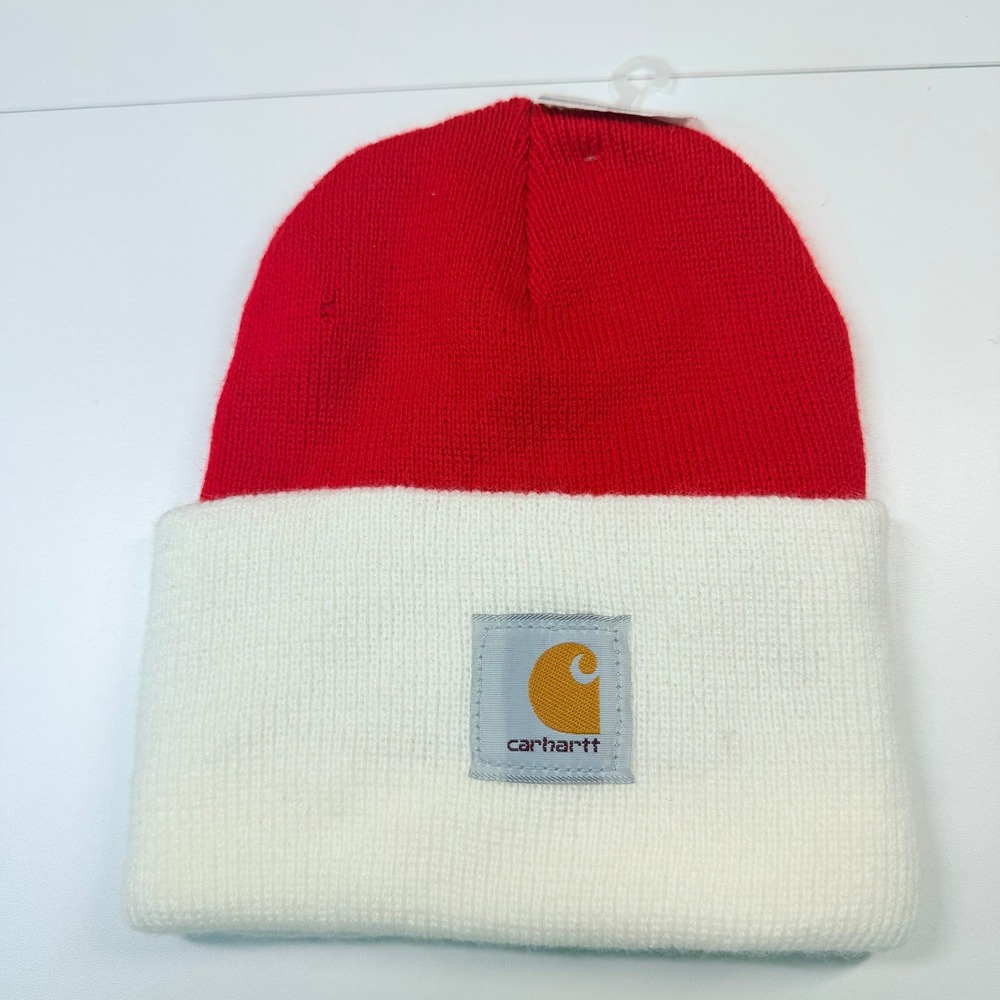 Carhartt Watch Hat Beanie Unisex OS Red White Cuffed Knit Logo Streetwear NEW
